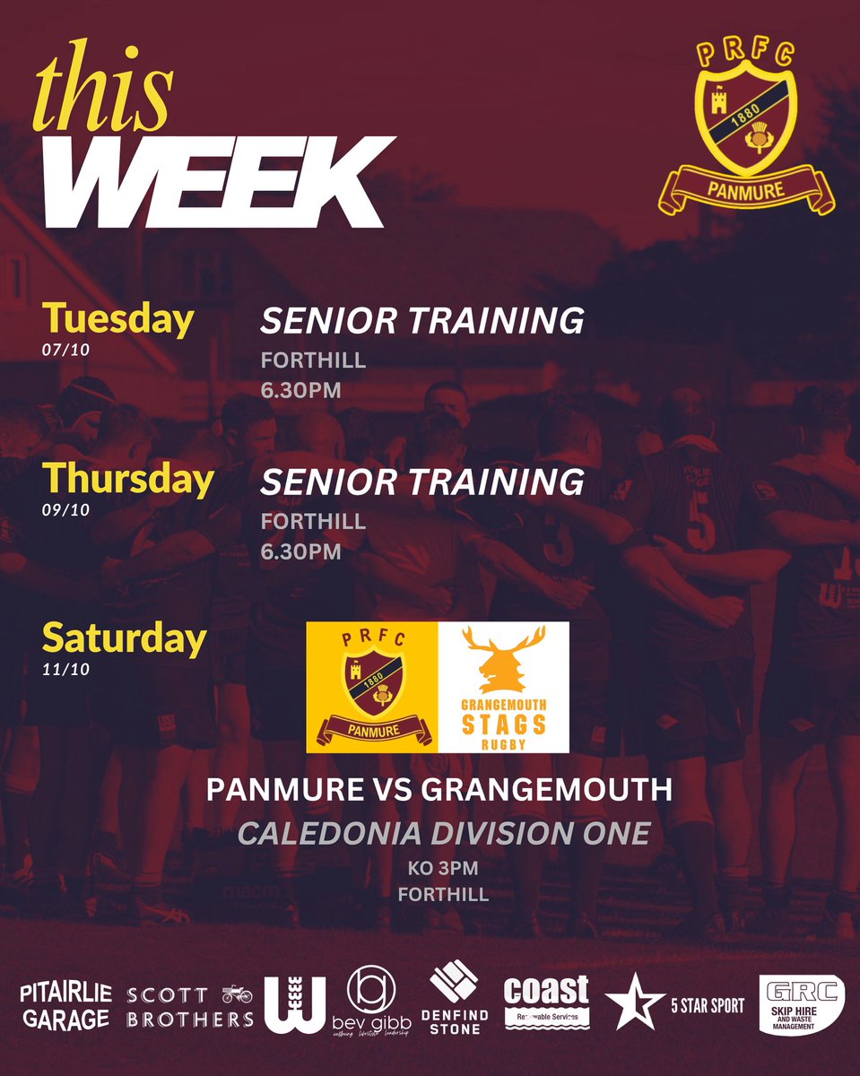 🗓️Here’s what’s on at the club this week

Training continues as normal at Forthill. On Saturday we host Grangemouth at Forthill looking to build on last weeks victory. We also welcome all of our fantastic sponsors to the club for sponsors day.

#PlayUpPanmure