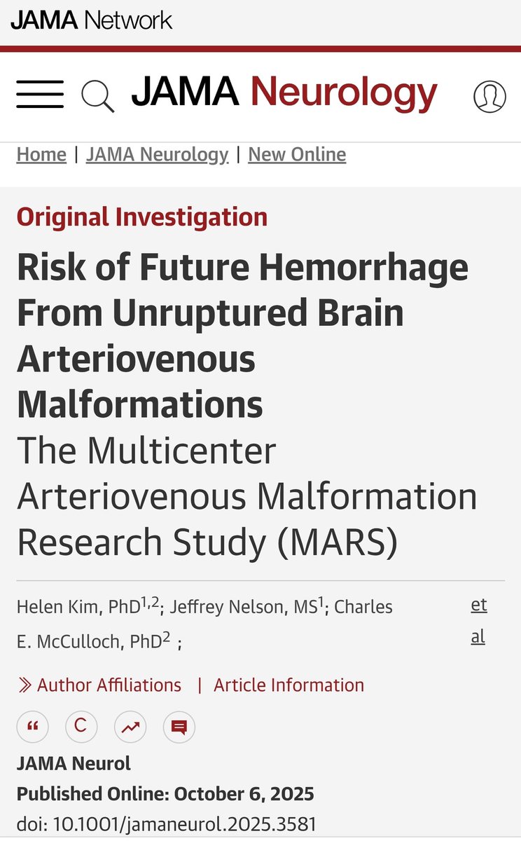 What do you quote as the incidence of #AVM rupture to your patients?

Old school: “105 – age” rule of thumb → lifetime risk
Practice: 2–4%/yr

MARS study (<a href="/JAMANeuro/">JAMA Neurology</a>, Oct 2025):
3,030 pts → 159 bleeds / 11,339 person-years
= ~1.4%/yr (95% CI 1.2–1.6)

Risk ↑ with:
Older age