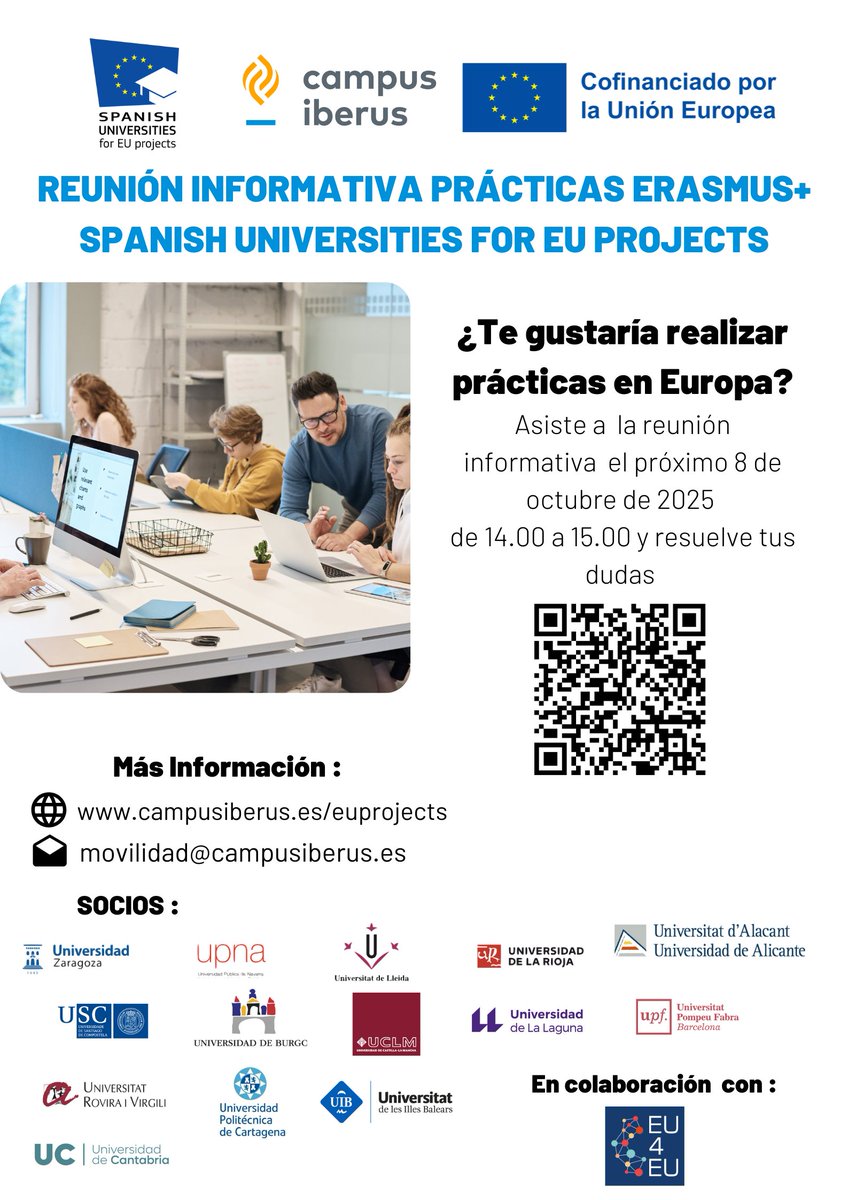 uclm_inter's tweet photo. !Prácticas con beca Erasmus+ en Europa a través de Spanish Universities for EU Projects!
🔗Inscripciones: https://t.co/R1GYyZOvek hasta el 10/11
📅Ofertas disponibles desde el 28/10
🎓Taller online: 08/10 a las 14:00h: https://t.co/fN7pfI4obX
☎️WhatsAPP Consultas: +34 673058110 https://t.co/Pxz4NbXRPW