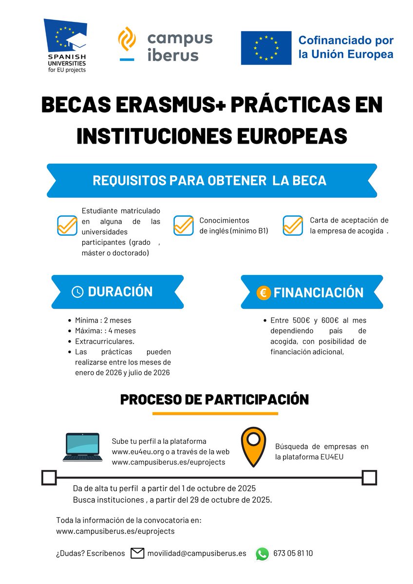 uclm_inter's tweet photo. !Prácticas con beca Erasmus+ en Europa a través de Spanish Universities for EU Projects!
🔗Inscripciones: https://t.co/R1GYyZOvek hasta el 10/11
📅Ofertas disponibles desde el 28/10
🎓Taller online: 08/10 a las 14:00h: https://t.co/fN7pfI4obX
☎️WhatsAPP Consultas: +34 673058110 https://t.co/Pxz4NbXRPW