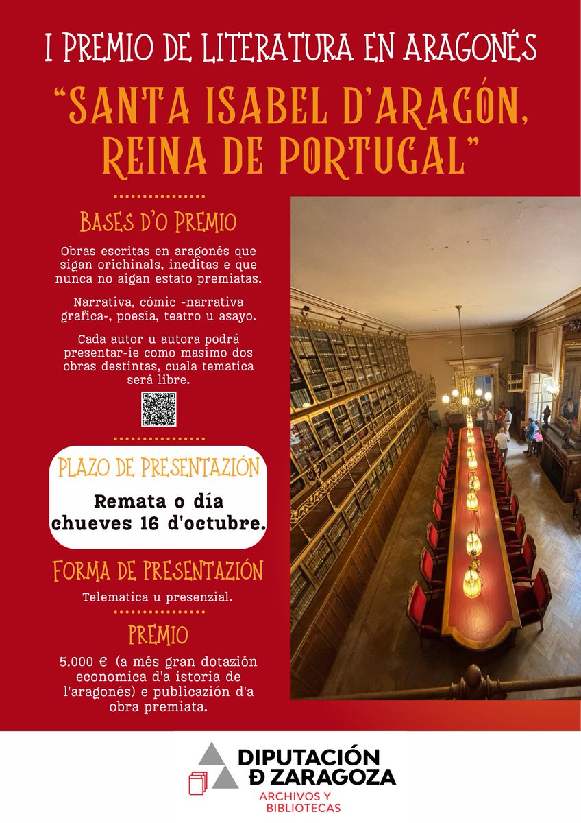 El jueves 18 de octubre finaliza el plazo para optar al I Premio de Literatura en Aragonés “Santa Isabel de Aragón, reina de Portugal” de la <a href="/DPZaragoza/">Diputación de Zaragoza</a>, dotado con 5.000 euros. ¡Date prisa si aún no has presentado tu obra! <a href="/sevegodina/">sevegodina</a>