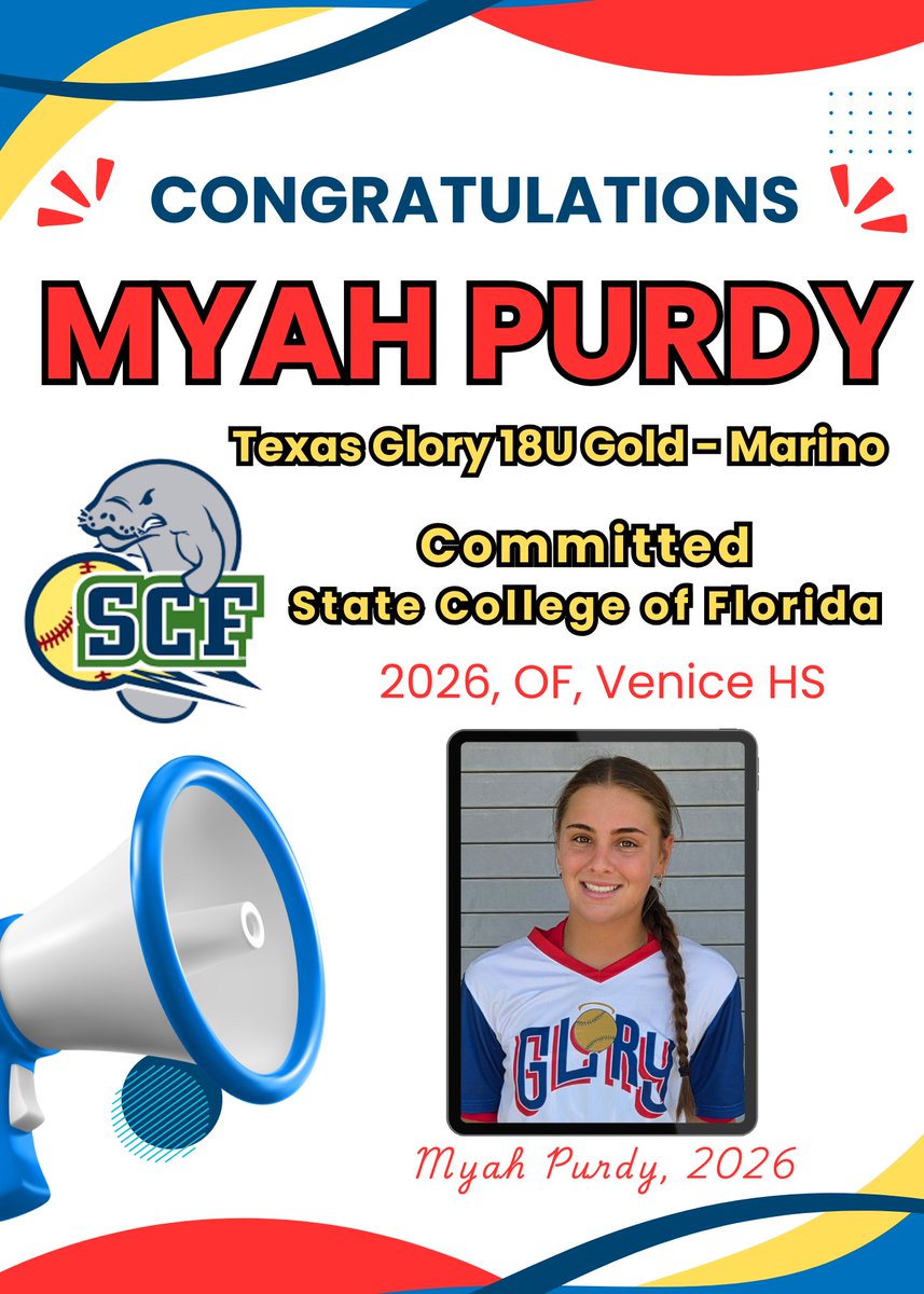 We are super excited and proud to announce that our 2026, 18U Gold stud, Myah Purdy, OF, has committed to the State College of Florida (SCF). This is very well deserved. CONGRATULATIONS, MYAH ❤️💙