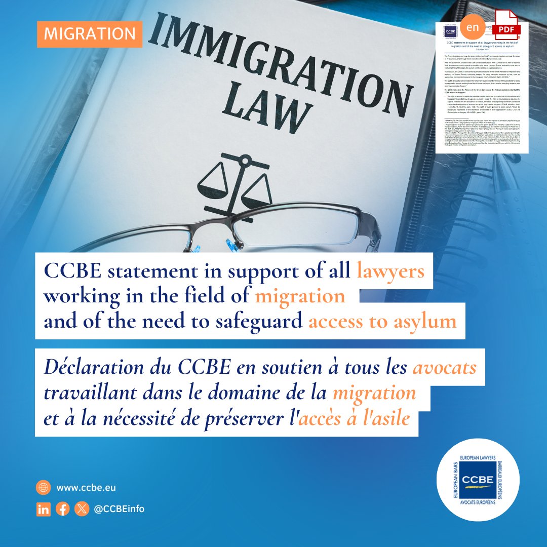 ✍️Le CCBE a publié sa déclaration en soutien à tous les #avocats travaillant dans le domaine de la #migration et soulignant la nécessité de préserver l'accès à l'asile.
🔎Consultez la déclaration du CCBE ici : ccbe.eu/fileadmin/spec…