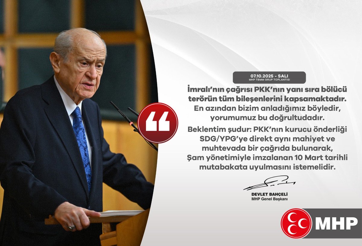 İmralı’nın çağrısı PKK’nın yanı sıra bölücü terörün tüm bileşenlerini kapsamaktadır.
En azından bizim anladığımız böyledir, yorumumuz bu doğrultudadır. Beklentim şudur: PKK’nın kurucu önderliği SDG/YPG’ye direkt aynı mahiyet ve muhtevada bir çağrıda bulunarak, Şam yönetimiyle