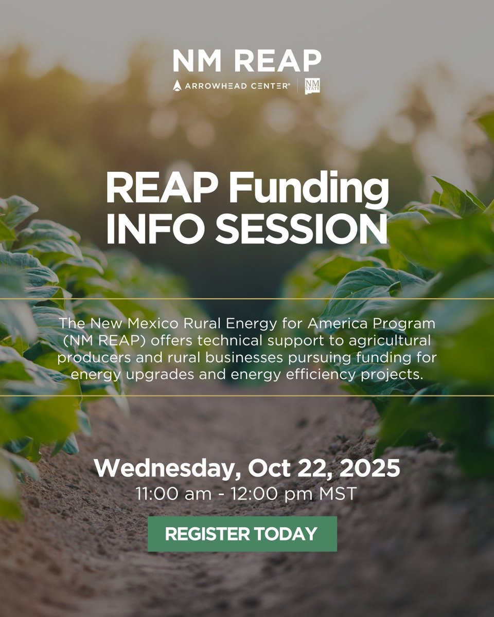 New Mexico ag producers &amp; rural businesses are ready to cut energy costs?

Date: Wednesday, Oct 22 , 2025
Time: 11:00 AM – 12:00 PM MST

Join #NMREAP for a free info session on how to pursue funding for energy upgrade projects!

Visit: buff.ly/lcEUJmw