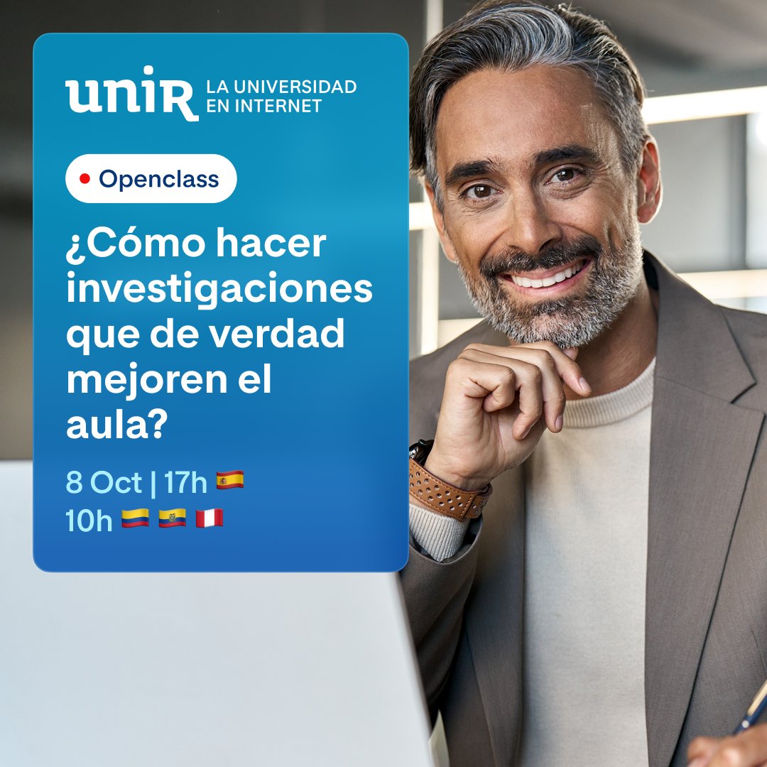 UNIR_Peru's tweet image. 💡📚 Únete a la #Openclass de @UNIRuniversidad y descubre estrategias, ejemplos y herramientas para diseñar investigaciones que transformen tu práctica #docente e impulsen el aprendizaje de tu alumnado.
Apúntate 👉 ow.ly/ZzIw50X6oui
#InvestigaciónEducativa #Educación