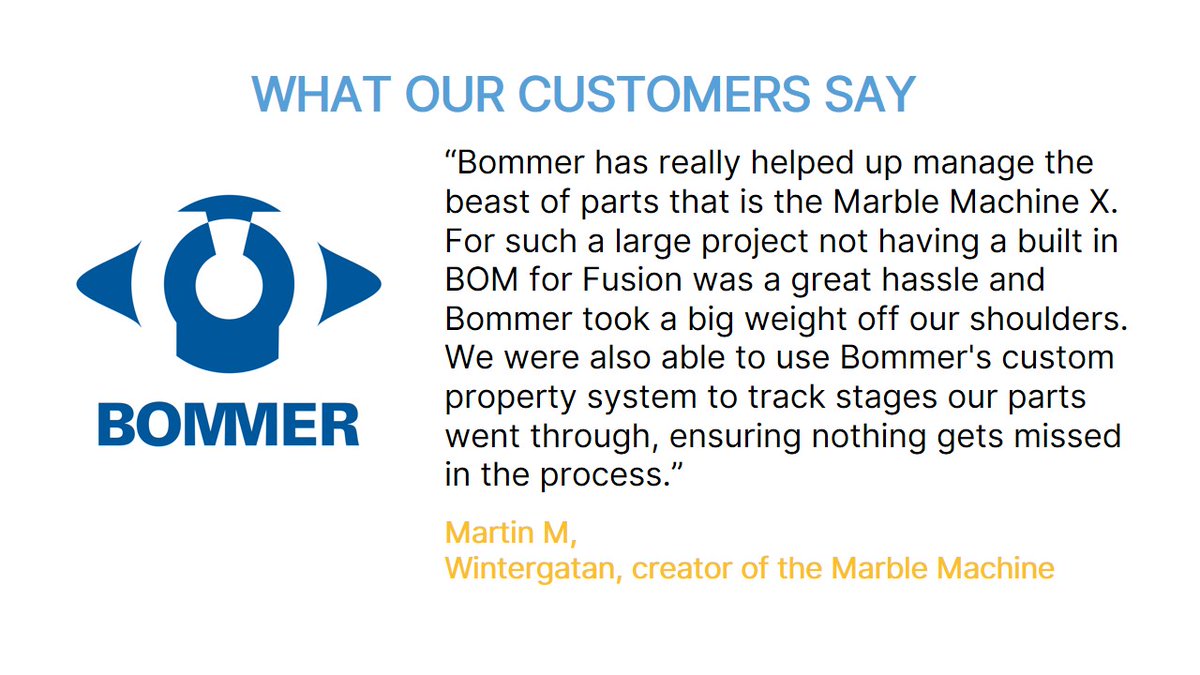 Bommer_io's tweet image. We’re always inspired by the way customers use Bommer to tackle complex projects. 🦸🦸
Want to see how it can work for you?
📧 Send us a message or book a demo today: ow.ly/zKXY50X6SLS
#BommerForFusion #BOMMadeSimple #EngineeringWorkflow #CADTools #CustomerFeedback