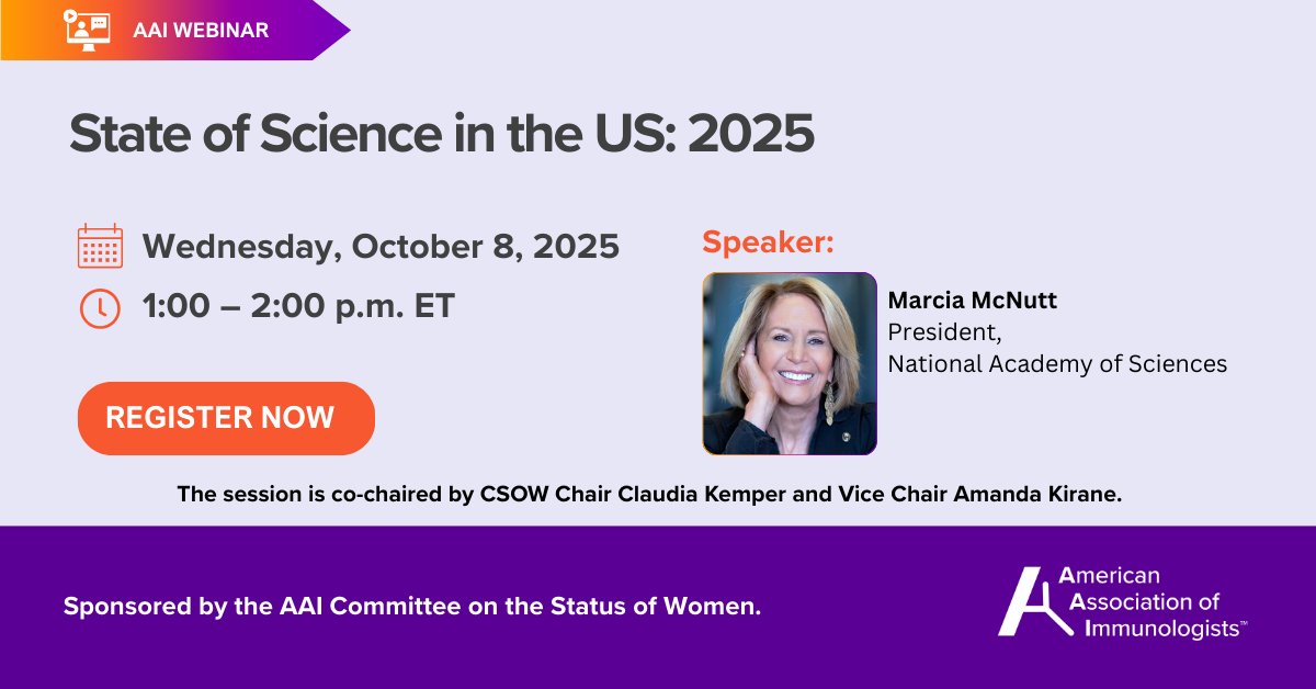 ImmunologyAAI's tweet image. AAI presents a free webinar: "State of Science in the US: 2025," with Marcia McNutt, President, @theNASciencess. Tomorrow, October 8, from 1-2 PM EST. Secure your spot: ow.ly/wIML50WZv7C. 

#STEM #ScienceEducation #Biotechnology