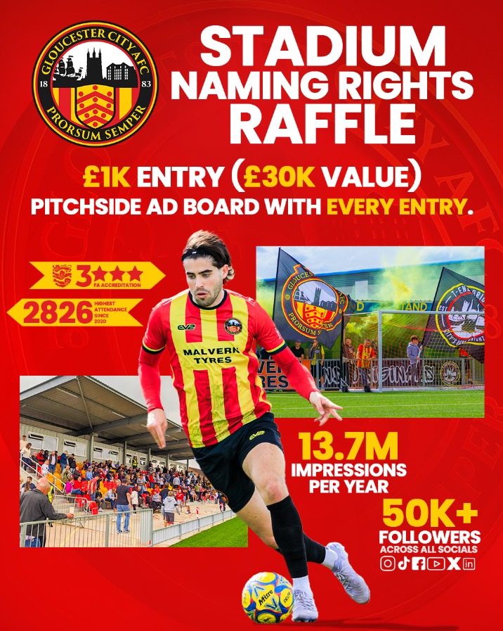 STADIUM NAMING RIGHTS RAFFLE IS STILL OPEN🗳️

Enter our naming rights raffle for only £1000, to guarantee a pitch side advertising board and to be in with a chance of winning £30,000 worth of value🐯

Enter here and good luck!⬇️🔗

gloucestercityafc.com/post/stadium-n…

#GCAFC