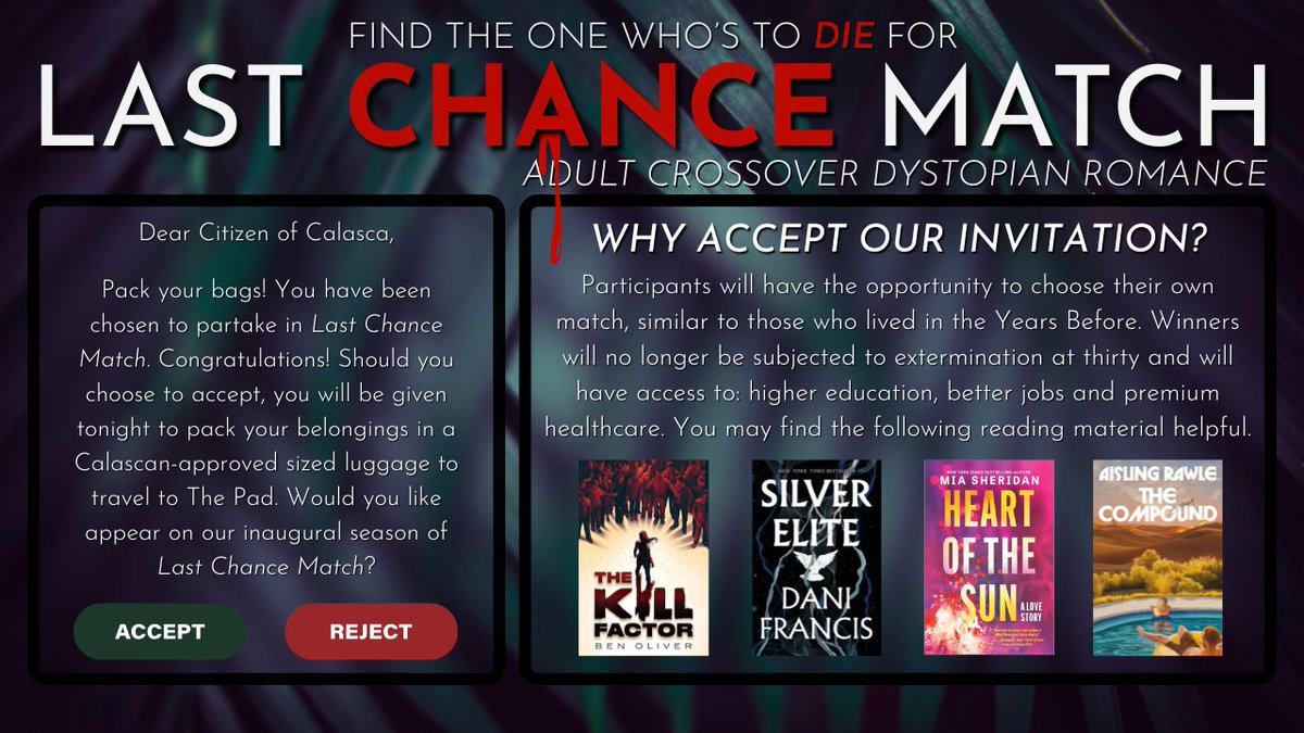 #litagents Interested in a dystopian romance where LOVE ISLAND meets SQUID GAME and BLACK MIRROR?

What can you expect this season?
- Touch her and die MMC
- Soulhates to soulmates
- Cute robots that help you accessorize
- Head rolling twists

#amquerying #writingcommunity