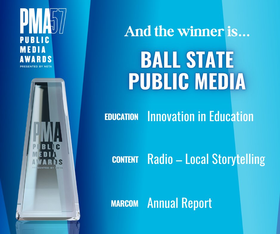 NETA_Tweets's tweet image. Congratulations to Ball State PBS & @INPublicRadio for their THREE Public Media Award wins! They spark imagination and inspire through storytelling that matters.
#PMA57 #PublicMediaAwards #PubMediaEducates #NETAconference