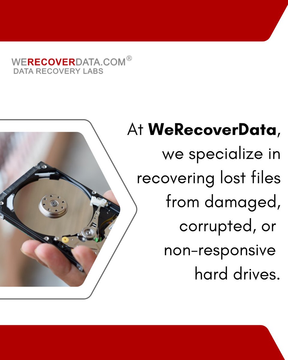 WeRecoverData's tweet image. At WeRecoverData, we specialize in recovering lost files from damaged, corrupted, or non-responsive hard drives. Whether you’re dealing with physical damage or accidental deletion, our certified engineers are equipped to retrieve your data with precision and confidentiality.
