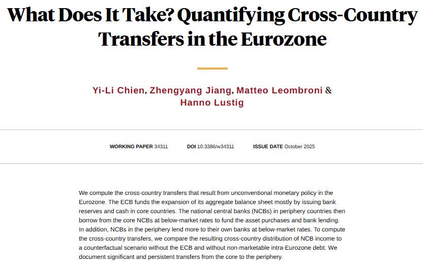 Via income pooling and below-market rate cross-border lending, the European Central Bank's unconventional policies created large, persistent transfers from Eurozone core to periphery countries, from Yi-Li Chien, <a href="/ProfJiang/">Zhengyang Jiang</a>, Matteo Leombroni, and <a href="/HannoLustig/">Hanno Lustig</a>