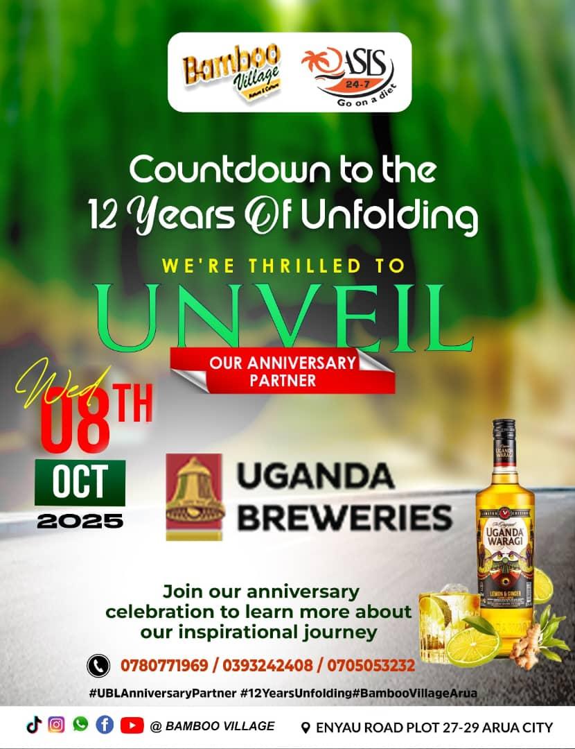 wambuzi_kyobe's tweet image. Introducing our esteemed partner, UBL, as we celebrate *_12 Yrs of Unfolding_* memories at *_Oasis247 &amp;amp; Bamboo Village Arua!_*

 Join us this Wed, Oct 8th, for an unforgettable day of fun, entertainment, yummy Grills &amp;amp; great discounted 🍺🍻