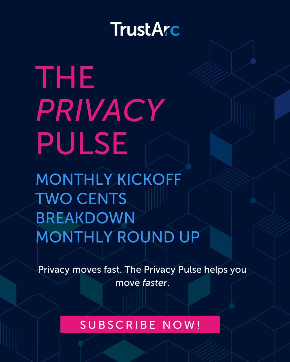 TrustArc's tweet image. Privacy moves fast—stay ahead with The Privacy Pulse 📰

Weekly insights, expert takes &amp;amp; monthly roundups to keep you informed.

👉 Subscribe now on LinkedIn and stay in the know! f.mtr.cool/rbcodgdsrt

#PrivacyPulse #Privacy #TrustArc