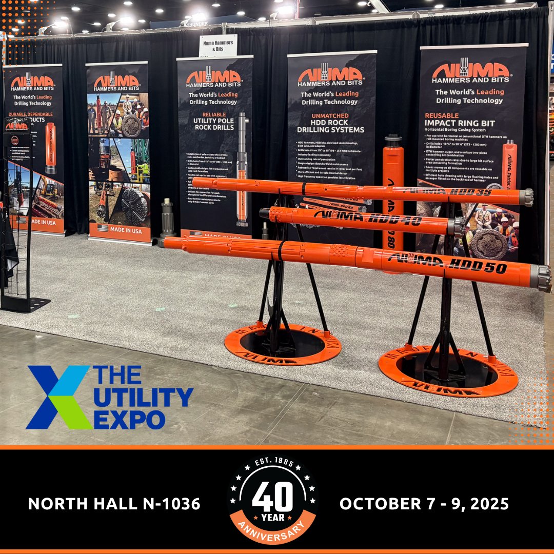 Numa_Hammers's tweet photo. @TheUtilityExpo this week, Numa celebrates 40 years of providing the most reliable, innovative, and high-performance rock drilling solutions. Stop by booth N-1036 to find out more. #TheUtilityExpo #TheUtilityExpo2025  #NumaRocksOn  #utilitydrilling #HorizontalDirectionalDrilling https://t.co/yCCiiLVs7i