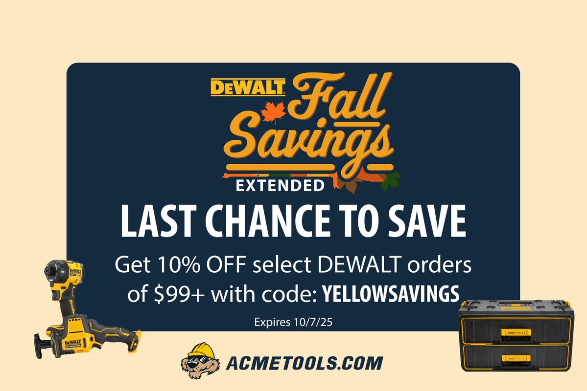 For one day only, we are extending our DEWALT Fall Savings! ⚡️ Save 10% on $99+ with code YELLOWSAVINGS.

Valid online until 11:59pm CST

LINK: acmetools.com/all/?pmid=25b1…

#dewalt #powertools #toolsale #dewaltfan #toolbox #fallsale