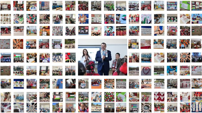Central photo shows three adults in formal attire, one man in suit and tie standing with two women, one holding a microphone, against a blurred background of seated audience. Surrounding collage features numerous smaller images of school activities: groups of children in uniforms posing outdoors and indoors, colorful decorations like balloons and banners, classroom scenes with posters, families and teachers gathered, holiday-themed setups with lights and garlands, artwork displays, and event stages with participants in traditional or festive clothing. Images include diverse group photos, some with Turkish flags, educational materials, and celebratory moments.