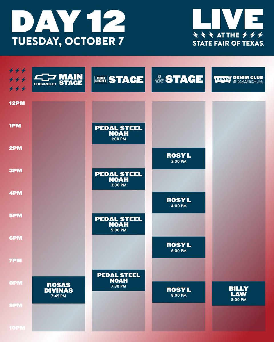 StateFairOfTX's tweet photo. Tuesday tunes never disappoint. 🎸 Day 12 of the #StateFairOfTX is stacked with free shows.
📍 Catch live performances all Fair long on the @Chevrolet Main Stage, @BudLight Stage, @BankofTexas Stage, and @Levis Denim Club. https://t.co/llw4hkSVRL