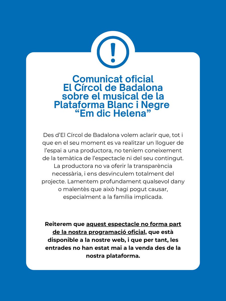 Aquest matí en Xavi Carreras <a href="/Carrerasxavi/">Xavi Carreras</a>, director de El Círcol de Badalona <a href="/elcircol/">El Círcol</a> ens ha explicat que havien llogat la sala sense tenir informació de l'obra i avui mateix han cancel·lat la representació. Gràcies per la sensibilitat mostrada