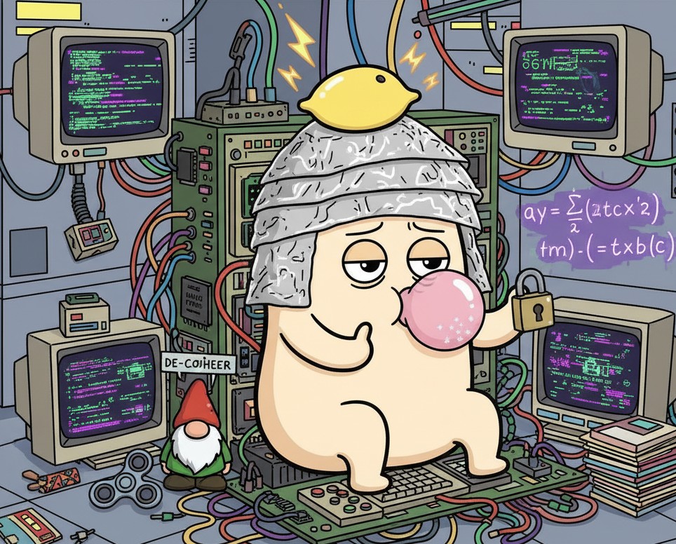 Quantum-ready meme illustration featuring a cartoon character with tinfoil hat and tech setup