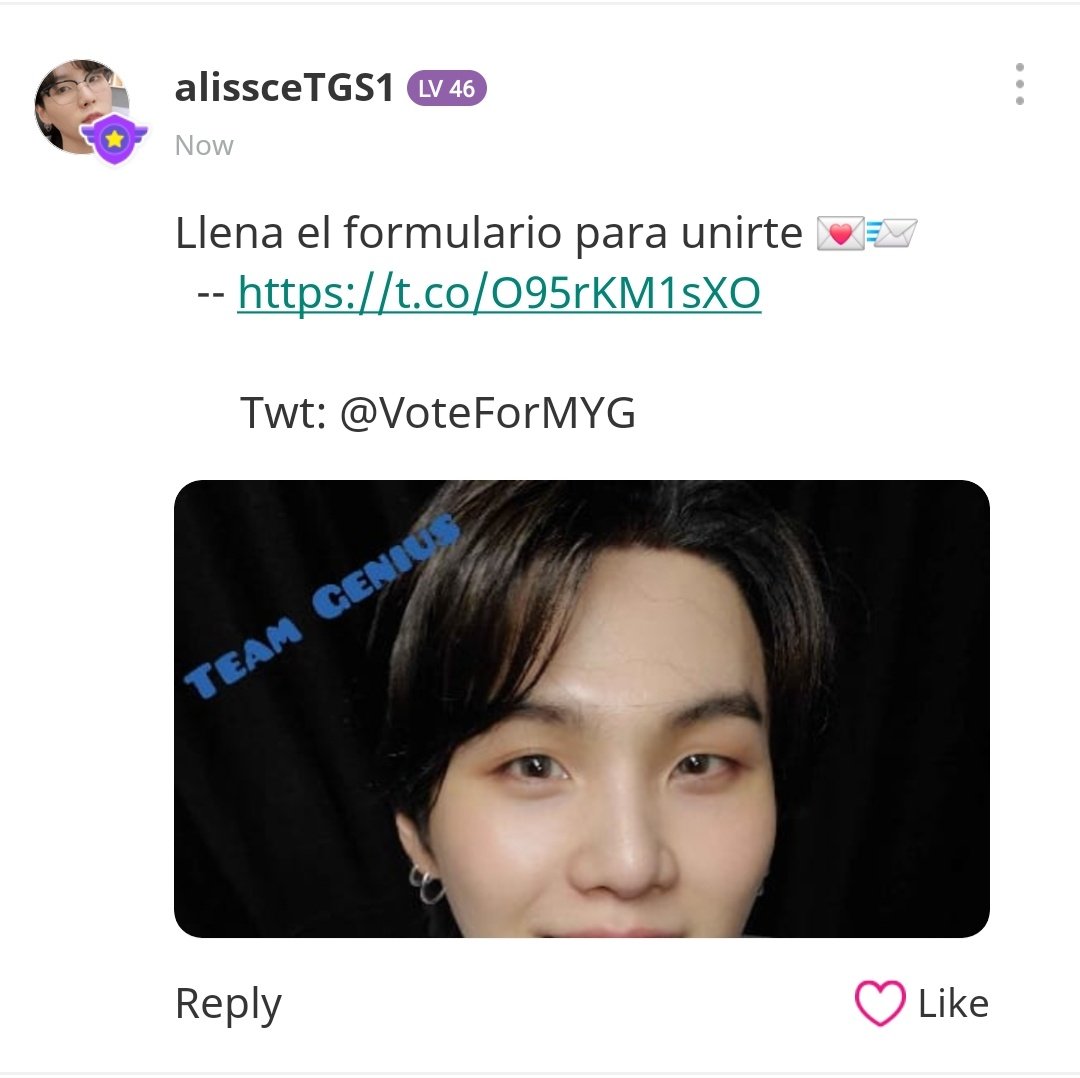 alyscesalas's tweet photo. 𖦹 ࣪˖┊𝗧𝗘𝗔𝗠 𝗚𝗘𝗡𝗜𝗨𝗦 𝗣𝗢𝗦𝗧┊˖ ࣪𖦹 

⏰ [ 00:03 ] — IDOLCHAMP

🌷 Ya está lista nuestra publicación, deja tu like en el post y en los comentarios, y recuerda comentar para recibir 20. 💙 

┈┈┈┈┈┈ ✧ @VoteForMYG ✧
🌷 You can like and comment our post to get 20. 💙 https://t.co/NmgBPuVR8j