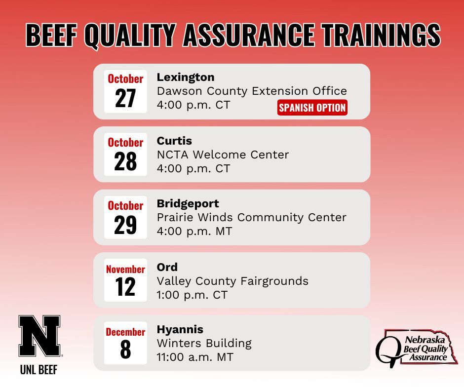 wcreec's tweet image. Strong herds start with strong practices. 🐮 
Become BQA certified or renew your certification this fall with upcoming trainings offered across Nebraska ›› bqa.unl.edu/events/ 📲