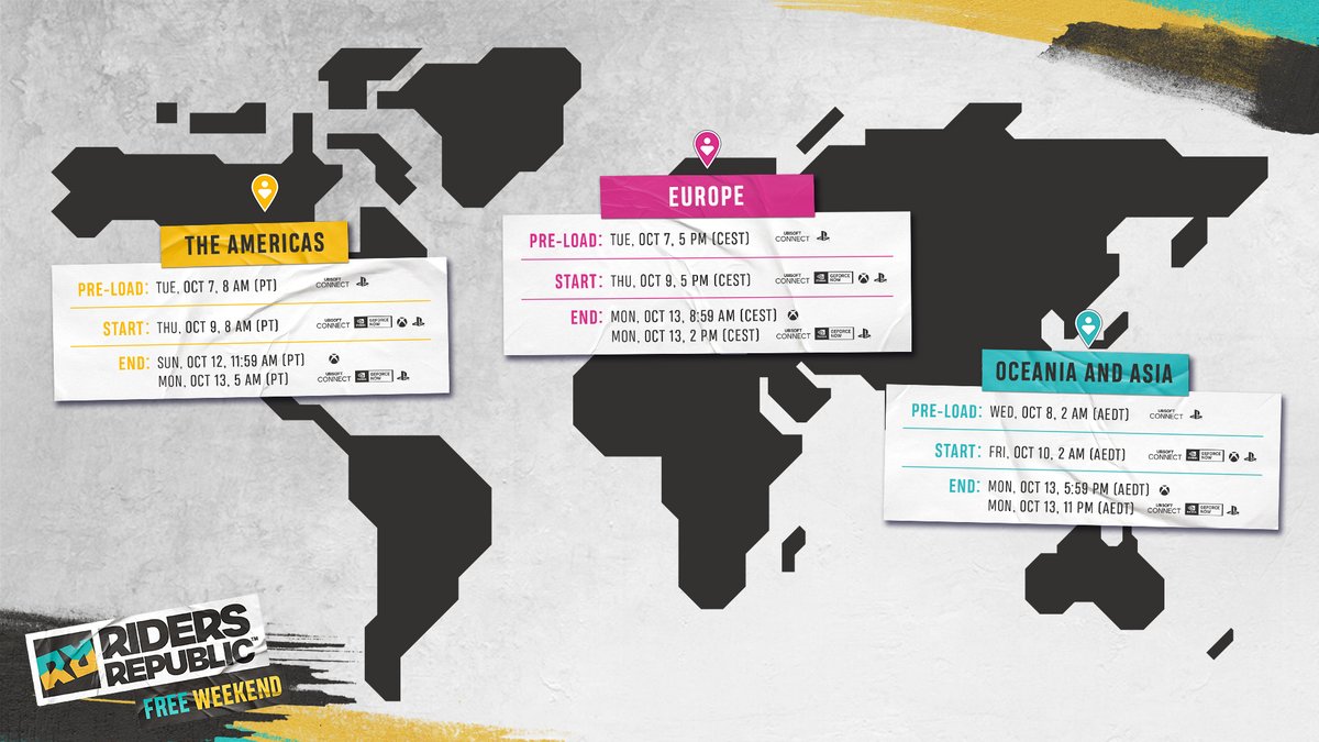 🆓 Riders Republic is free to play for a few days, and it’s better with friends!

Jump in with your crew and explore the latest features, including the long-awaited Dirt Bikes!

🗺️ More info on the map