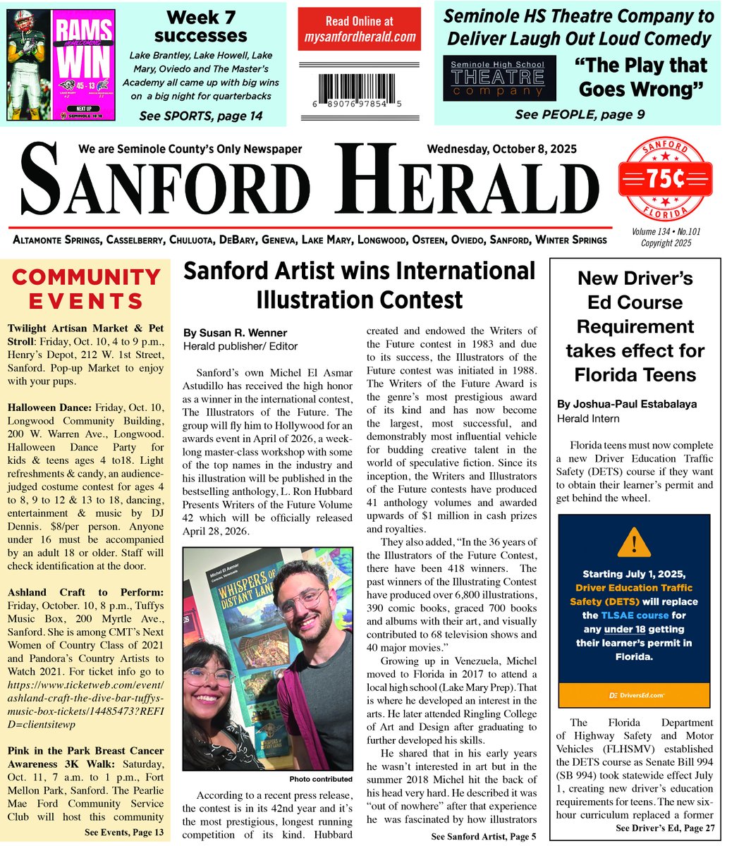 This week’s edition, Oct. 8, of the Sanford Herald is available for digital subscribers and print copies on stands at most grocery and convenience stores in Seminole County, DeBary and Osteen. Subscribe at mysanfordherald.com