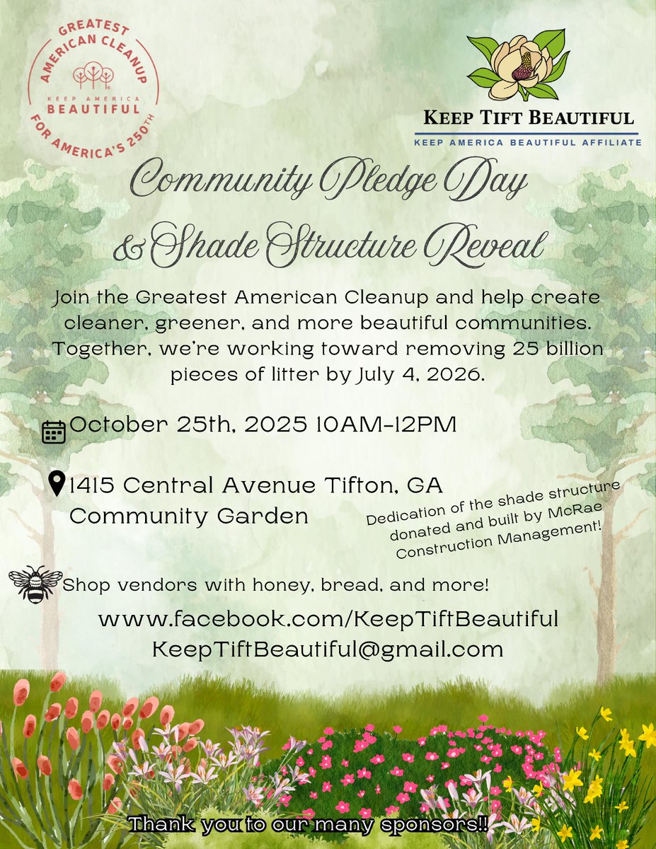 CityofTifton's tweet image. Oct. 25 - Community Pledge Day &amp;amp; Shade Structure Reveal by Keep Tift Beautiful

#tiftonga