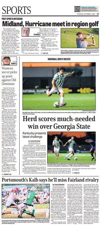 Tuesday <a href="/heralddispatch/">The Herald-Dispatch</a> sports front

Local work: <a href="/sportsturtle11/">Tim Stephens</a> x3, <a href="/fischer_photo/">Ryan Fischer</a>, <a href="/cmillette/">Christopher Millette</a> 

Inside: <a href="/Taylor_Kennedy7/">Taylor Kennedy</a>, <a href="/ElmoreSports/">Rick Elmore</a> 

Design: <a href="/DJFM76/">Dustin Melchior</a>