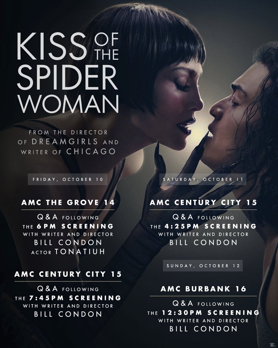 Join #KissoftheSpiderWoman writer and director Bill Condon and star Tonatiuh for Q&amp;As following select screenings of the film this weekend!