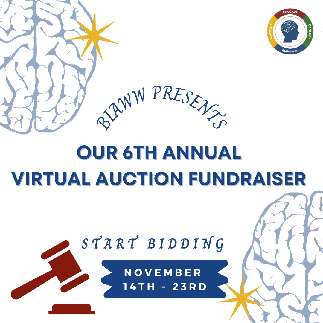 🧠 Our 6th Annual Virtual Auction Fundraiser is coming soon!

🗓️ November 14–23

We’re still accepting auction items — a great way to support brain injury survivors in our community 💙 Contact info@biaww.com

#BIAWW #VirtualAuction #Fundraiser #SupportLocal #BrainInjuryAwareness