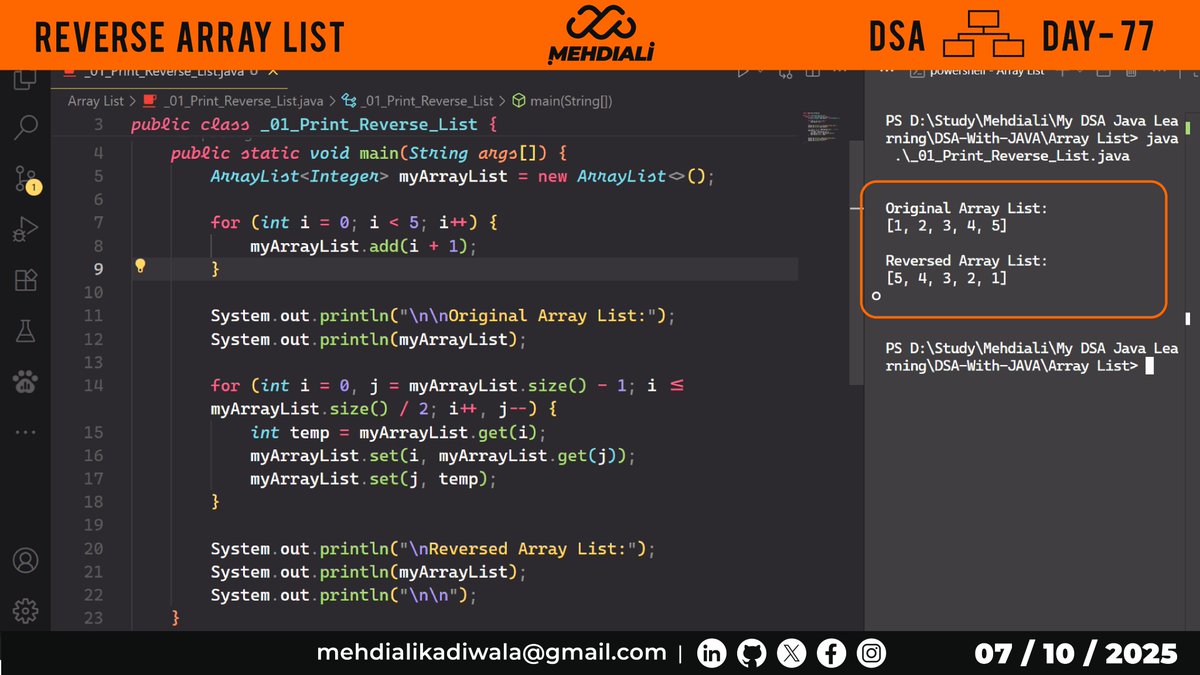 mehdiali_mk's tweet image. Reverse Array List | DSA – DAY – 77
- Reverse Array List.
Github Link: github.com/mehdiali-mk/DS…
LinkedIn: linkedin.com/in/mehdiali-mk/
#365DaysofCode #365dayscoding #100daysofcodechallenge #100daysofcode #LearnDSA #DSAinJava #JavaProgramming #AlgorithmDesign #CodingPractice