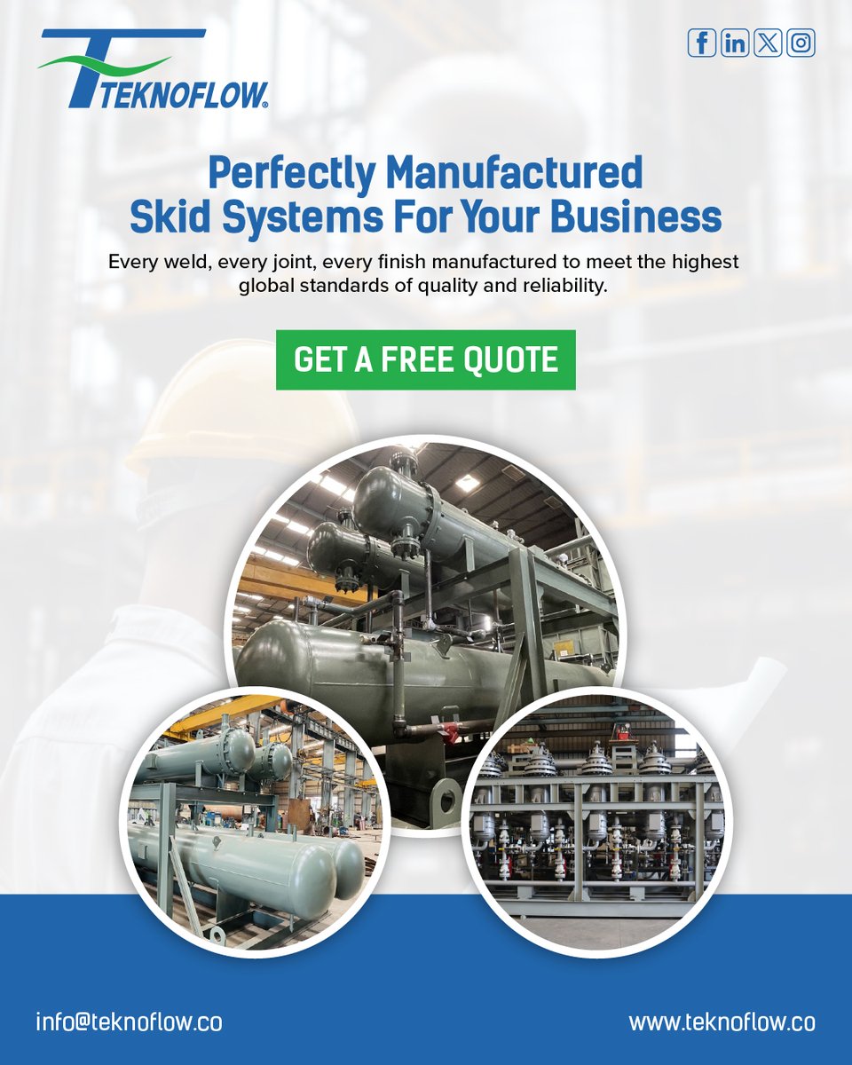 TeknoflowGreen's tweet image. At Teknoflow, we design and manufacture custom skid systems that ensure seamless operation, unmatched reliability and global quality standards for your business.

#SkidSystems #IndustrialSolutions #ProcessEngineering #OilAndGas #EngineeringExperts #Manufacturing #Teknoflow