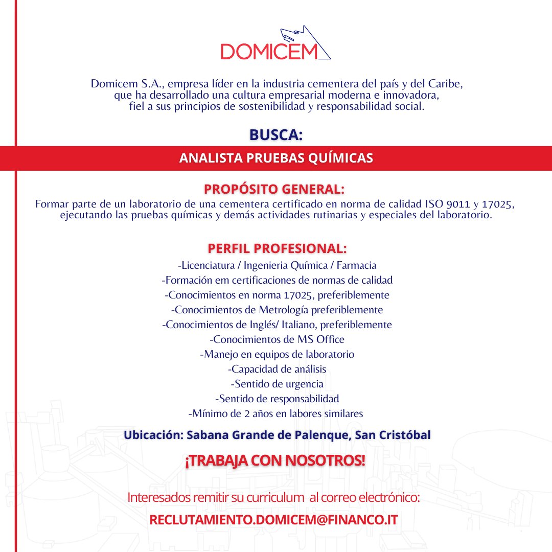 ¡Vacante disponible en Sabana Grande de Palenque! 🙌 

Si cumples con el perfil y estas interesado/a en trabajar con nosotros, envíanos tu curriculum al correo electrónico: 

reclutamiento.domicem@domicem.it 

hashtag#Domicemcementodelbueno