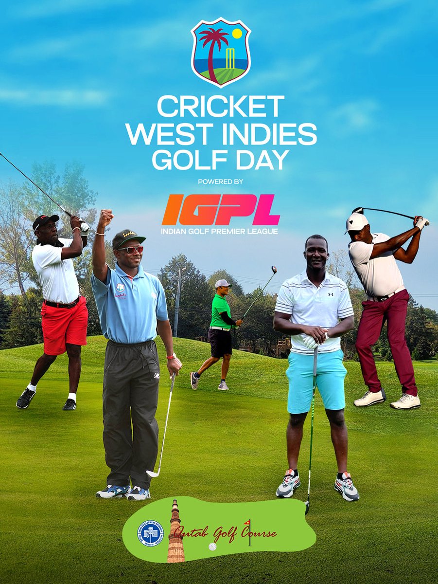 Officialigpl's tweet image. The Kings of Cricket are swapping bats for clubs! 🏏➡️⛳

Brian Lara, Sir Viv Richards, Richie Richardson, Daren Ganga &amp;amp; Daren Sammy along with the current squad, tee it up at the Qutab Golf Course, powered by IGPL.

Tomorrow, cricket meets golf… Caribbean style! 🌴🔥

#IGPL