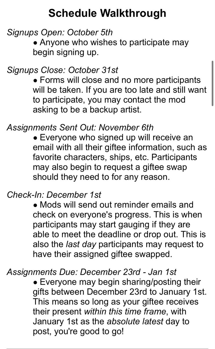 Make sure you’ve got the time in your schedule for the event before signing up! Here’s the schedule that can be found in the rules and regulations doc. Not following through with deadlines can result in a ban from future events 😔