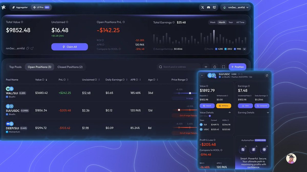 Some more things those can be added

🔹7K LP Pro provides real-time visibility into fee earnings, impermanent loss, and net yield, with historical performance charts and position-level detail.
🔹Move funds between volatile and stable pools in a single tap.
🔹The UX is good enough