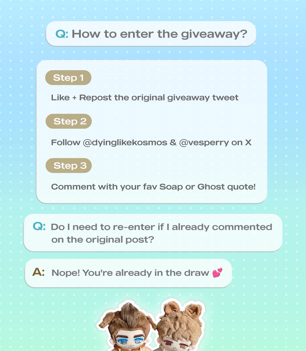 vesperry's tweet image. 🎉 GIVEAWAY CLOSING ANNOUNCEMENT 🎉

Mass production unlocked!! 
We&apos;re still picking 2 winners from all entries, even not reaching the 1.41K repost milestone!

Enter now in the original post if you haven&apos;t!

🕘 Entry closes &amp;amp; Winners drawn on Oct 13 (UTC+8)
#cod #Ghost #Soap