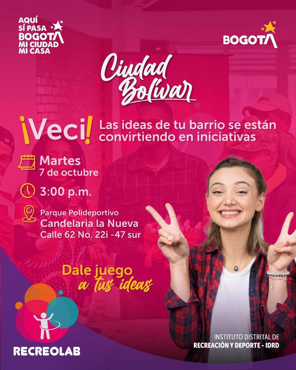 El Instituto Distrital de Recreación y Deporte (IDRD) avanza con éxito en la implementación

de los Recreolab, espacios de innovación y cocreación comunitaria pensados para

transformar los territorios desde la recreación.

Bolívar con la innovación en deporte y

recreación.