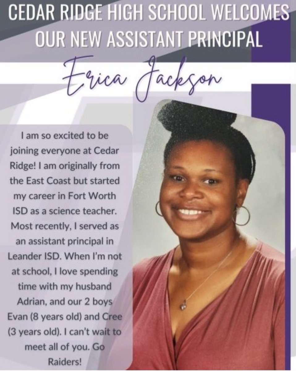October is Principal Appreciation Month! We’d love to give a shout out to one of our Assistant Principals, Mrs. Jackson! She is a mom of 2, and a devoted wife. And did you know her favorite color is purple?! Thanks for all that you do for our students and staff of Cedar Ridge HS!