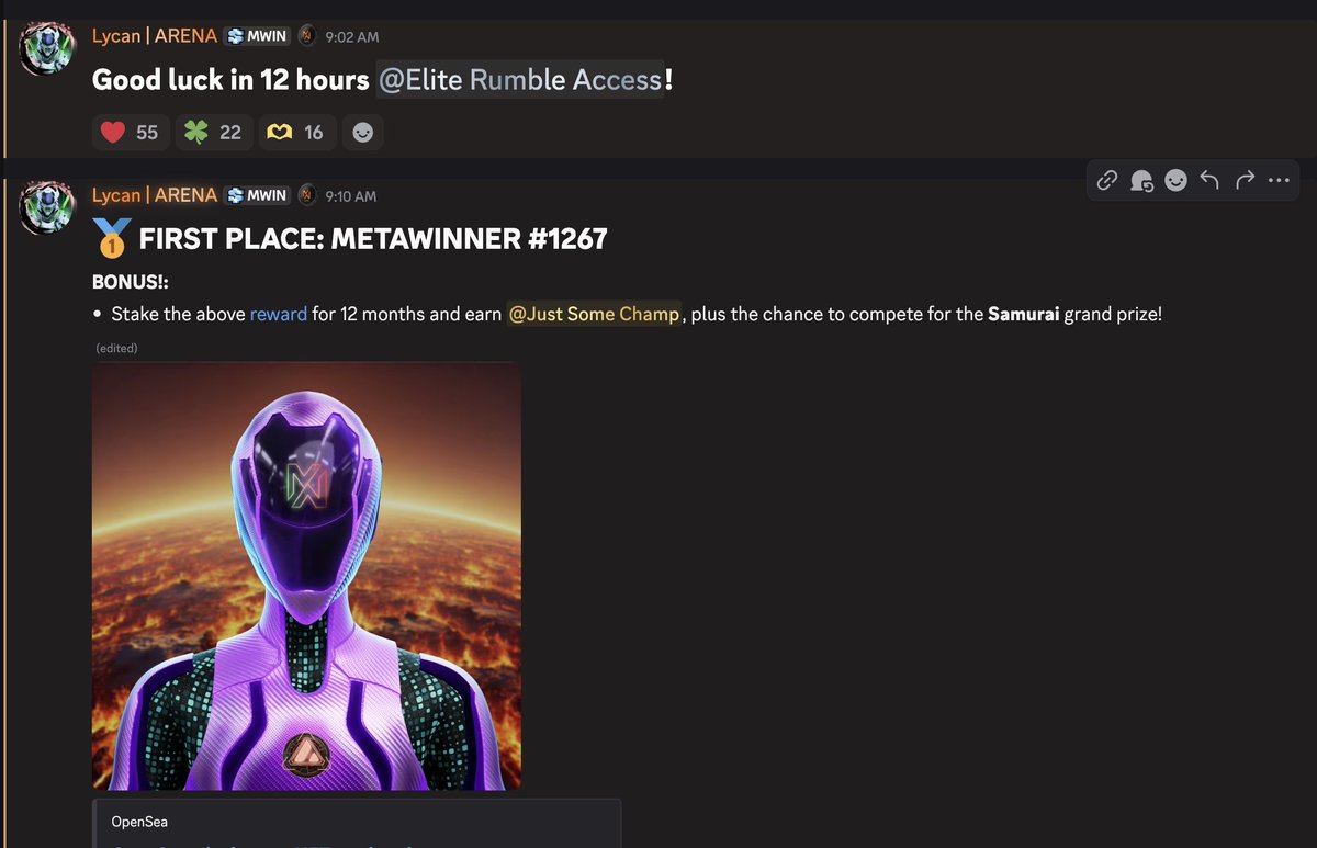 Fun times in <a href="/MetaWin/">METAWIN.COM</a> Discord begin. 7 days of rumbles, 14 total.  Winners of the 14 rumbles get a metawinner and the chance to battle for a grand prize Samurai metawinner.  I love the <a href="/Meta_Winners/">MetaWinners NFT</a> and am glad I can give back to them.