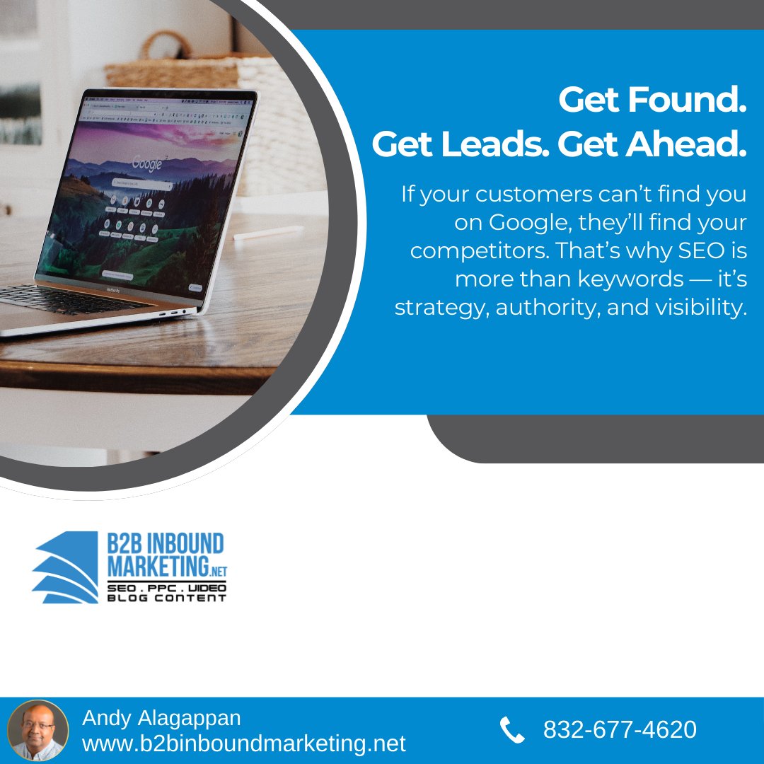 B2Bwebseo's tweet image. If your customers can’t find you on Google, they’ll find your competitors. That’s why SEO is more than keywords — it’s strategy, authority, and visibility.
At B2B Inbound Marketing, we make sure your business ranks where it matters. 
#SEO #SearchEngineOptimization