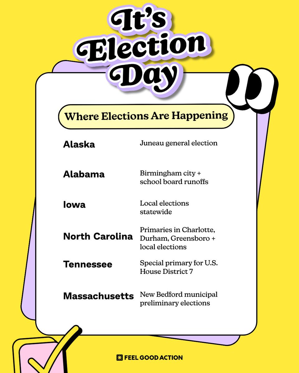 FeelGoodAction's tweet image. Elections are happening right now in AK, AL, IA, NC, TN &amp;amp; MA! 🗳️

Don’t sit this one out!  Find your polling place and vote!

#ElectionDay #VoteReady #FeelGoodAction