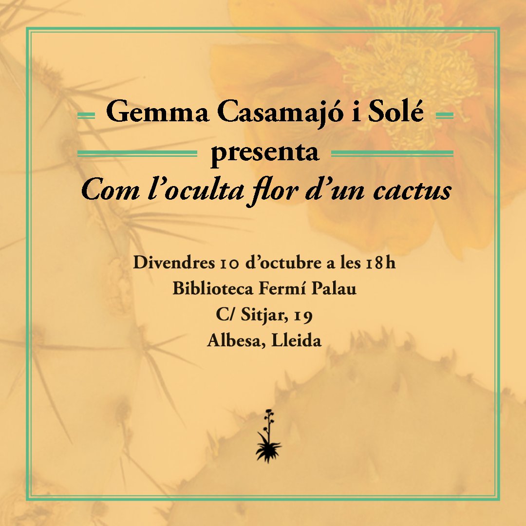 Quaderns Crema (@quaderns_crema) on Twitter photo La poeta Gemma Casamajó i Solé presentarà el seu darrer llibre de poesia, «Com l’oculta flor d’un cactus», el divendres 10 d’octubre a les 18 h a la Biblioteca Fermí Palau d'Albesa.
quadernscrema.com/cataleg/com-lo… La poeta Gemma Casamajó i Solé presentarà el seu darrer llibre de poesia, «Com l’oculta flor d’un cactus», el divendres 10 d’octubre a les 18 h a la Biblioteca Fermí Palau d'Albesa.
quadernscrema.com/cataleg/com-lo…
