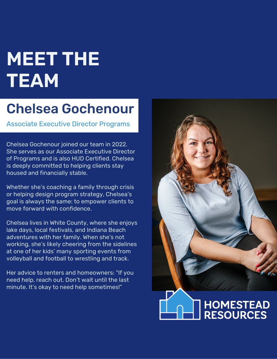 Chelsea Gochenour leads our program team and supports clients facing housing challenges as a HUD Certified Counselor.

Her warmth, creativity, and problem-solving make a lasting impact.

Thank you for helping our community move toward stability! 💙