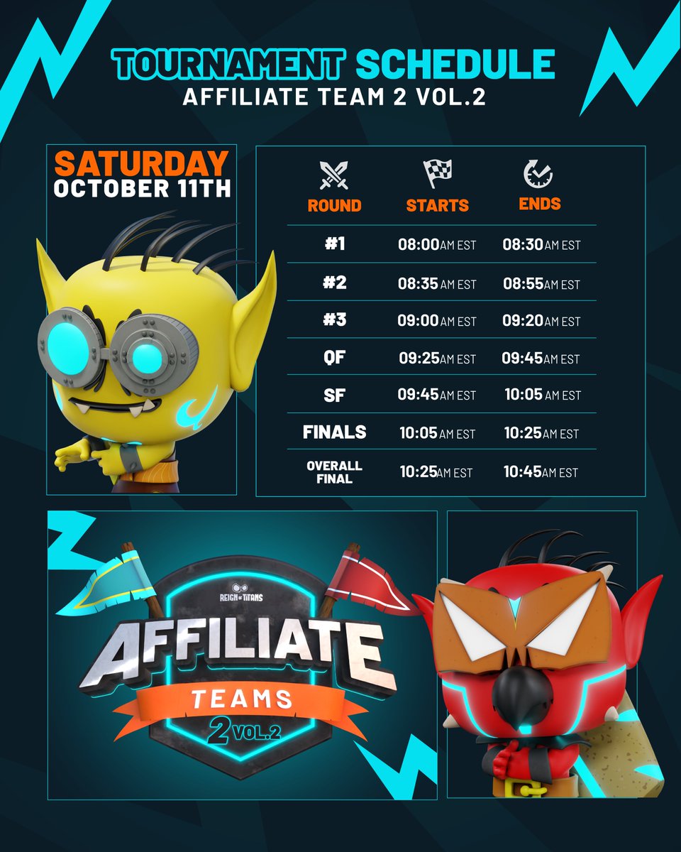 ReignofTitansIn's tweet image. Get ready to clash, conquer, and rise!
🔥 Affiliate Teams 2 Vol. 2 hits hard this Saturday, October 11th
Only one team will claim the throne. Are you ready? 👊

#ReignOfTitans #AffiliateTeams2Vol2 #GameOnTitans