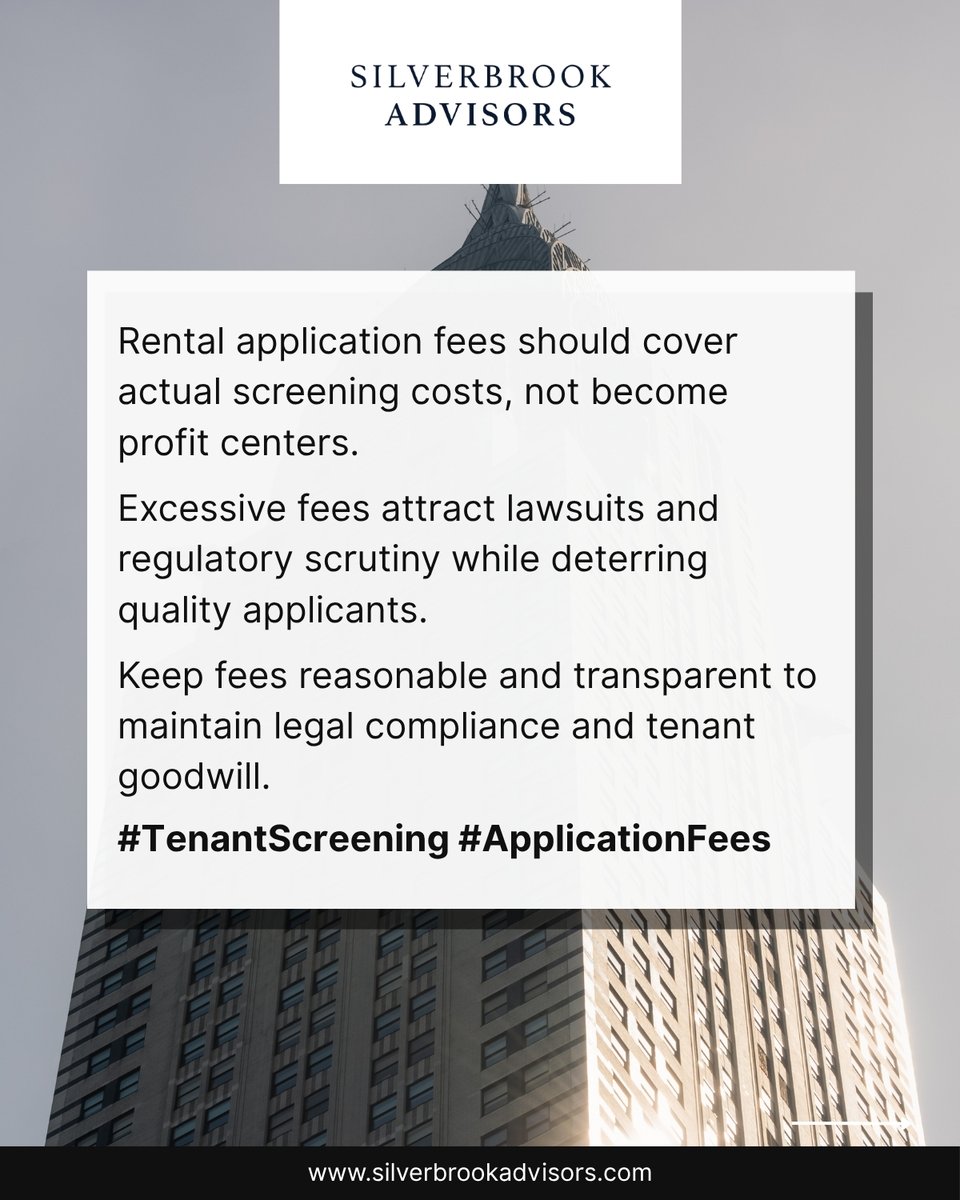 SilverbrookAdvs's tweet image. Rental application fees should reflect real screening costs, not pad profits. Overcharging invites lawsuits, regulatory heat, and drives away good tenants. Keep fees fair and transparent to stay compliant and build trust. 
#TenantScreening #ApplicationFees