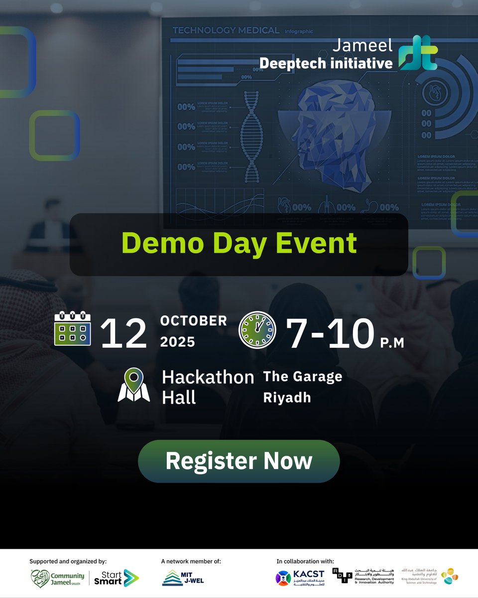 After a journey filled with creativity and innovation, StartSmart Hub and Community Jameel Saudi Foundation are pleased to invite you to the demo day event of the Jameel DeepTech Initiative, held in strategic partnership with King Abdulaziz City for Science and Technology <a href="/KACST/">مدينة الملك عبدالعزيز للعلوم والتقنية</a>,